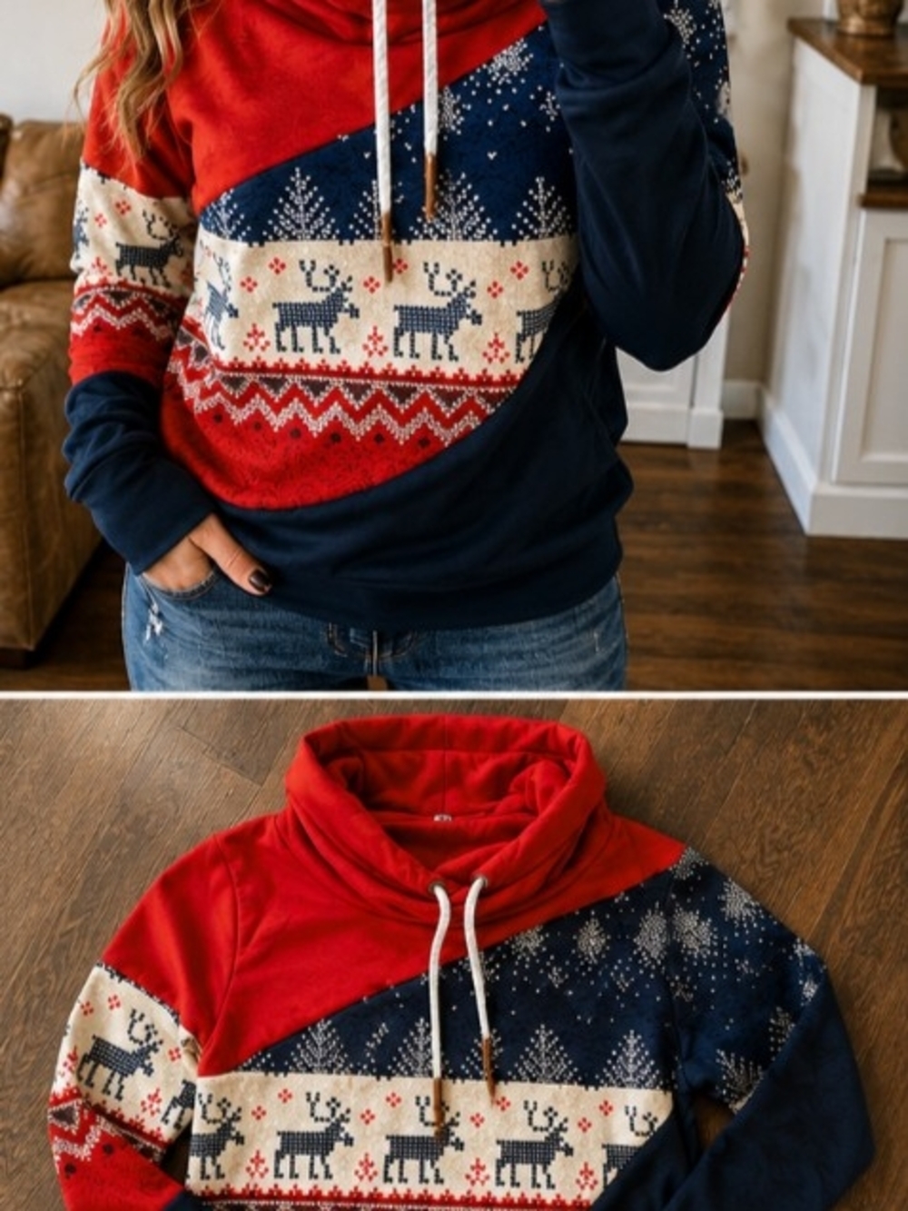 Women’s Reindeer Cowl Neck Hoodie Red Navy 2XL Runs Small
